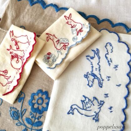 ผ้าเช็ดหน้าปักสัตว์น่ารัก สไตล์วินเทจ